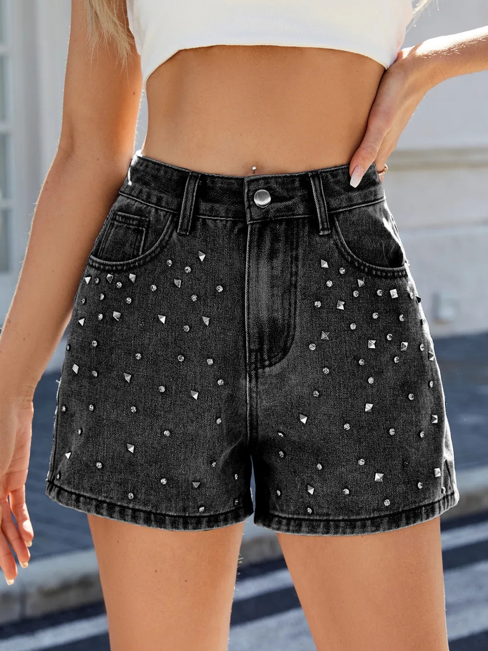 Stylish Rhinestone Washed High Waist Denim Shorts with decorative rhinestones, showcasing a flattering fit for the summer season.