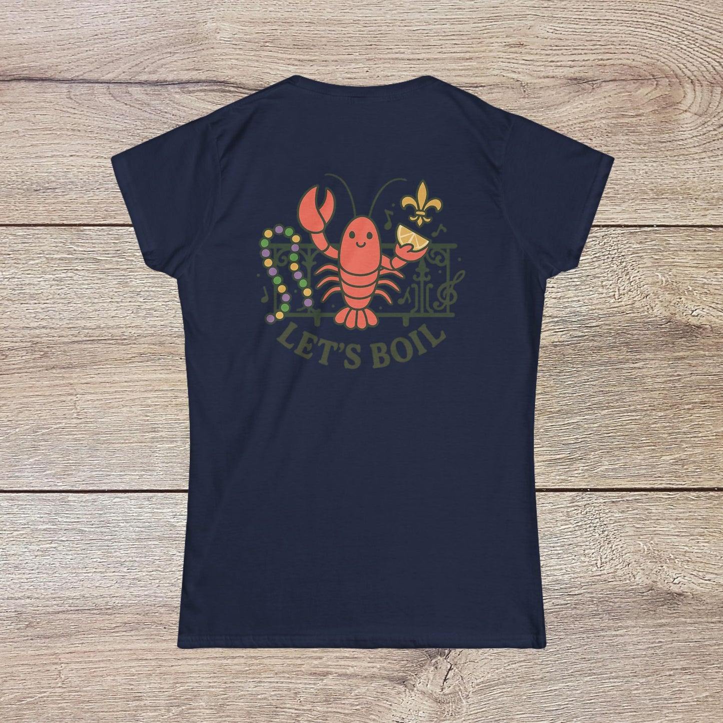 Crawfish Boil Shirt for Women in deep navy, featuring a whimsical lobster design and the phrase 'LET'S BOIL', making it a great addition to any seafood-themed summer celebration.