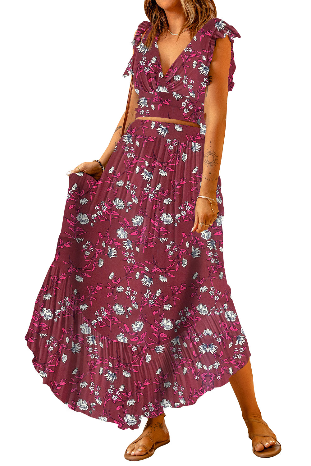 Chic Summer Outfit featuring a Floral Print Tie-Back Cropped Top and Maxi Skirt Set. The ensemble showcases a beautiful floral pattern, frill details, and a stylish surplice neckline, perfect for summer outings.