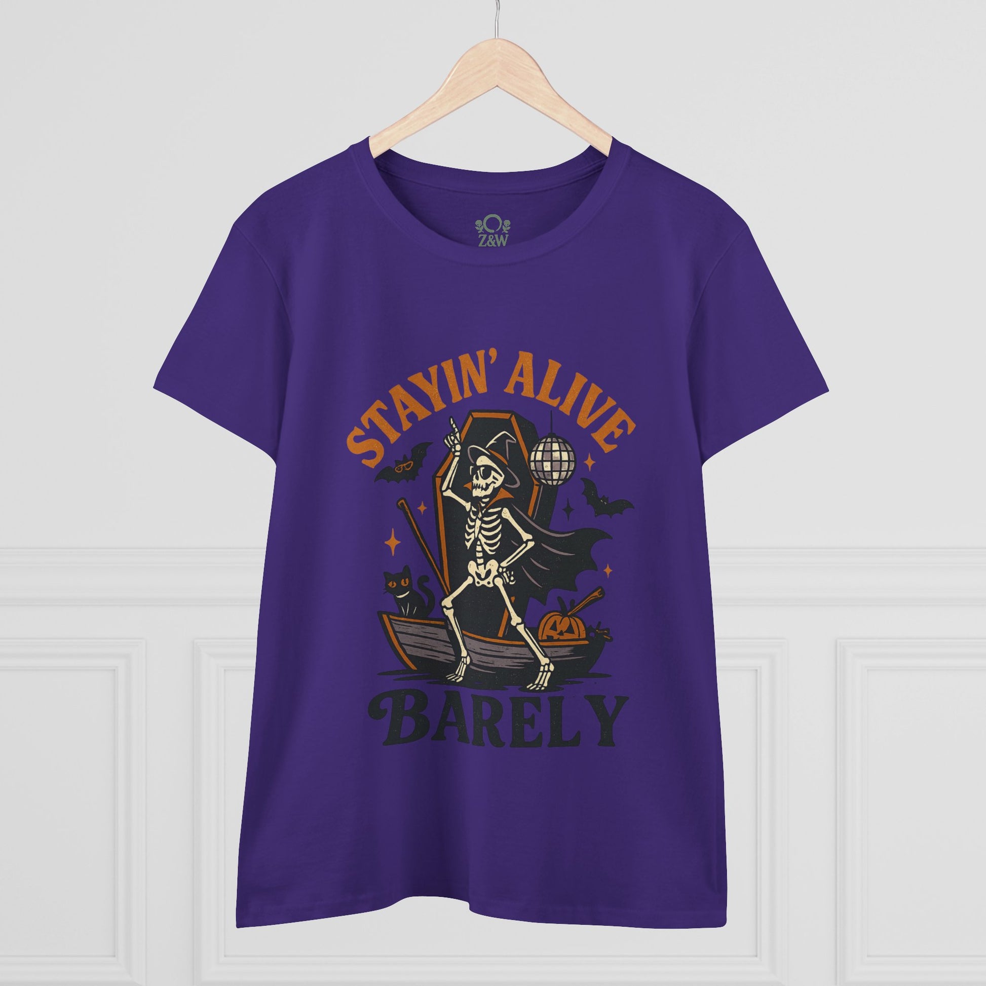 Front view of Stayin’ Alive T-Shirt featuring a whimsical skeleton design, perfect for fun Halloween celebrations.