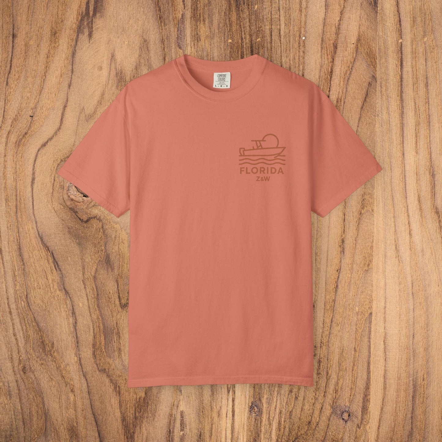 Unisex Florida Graphic Tee in coral color, garment-dyed soft US cotton, ideal for casual wear, available in sizes S to 4XL.