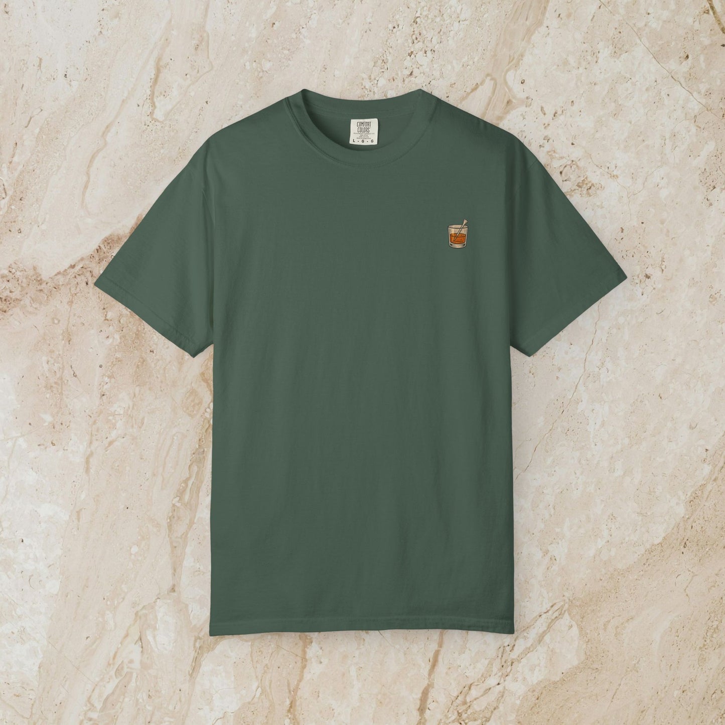 Golden Whiskey Dog Tee in dark green color, offering a unique vintage style, made from 100% cotton with a relaxed fit and a left chest pocket.
