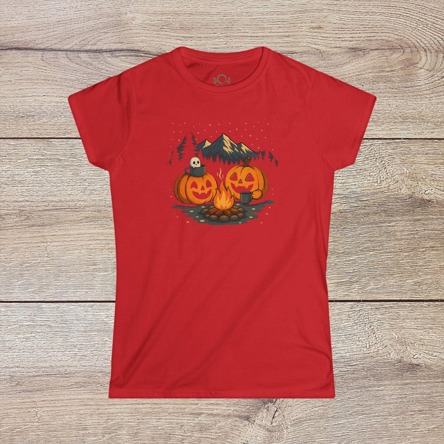 Fall Pumpkin Campfire T-Shirt in bright red, with a design of pumpkins by a campfire, excellent for Halloween, vintage unisex tee, available in sizes S-4XL.