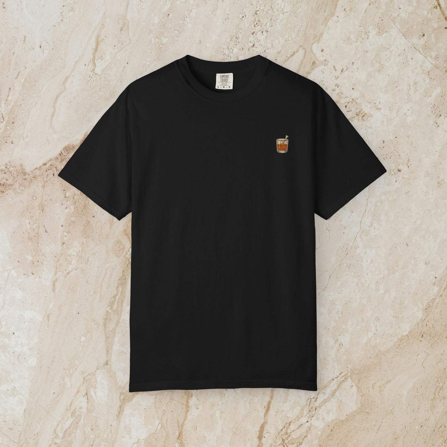 Golden Whiskey Dog Tee in black color, presenting a unique vintage style, crafted from 100% cotton with a relaxed fit and left chest pocket.