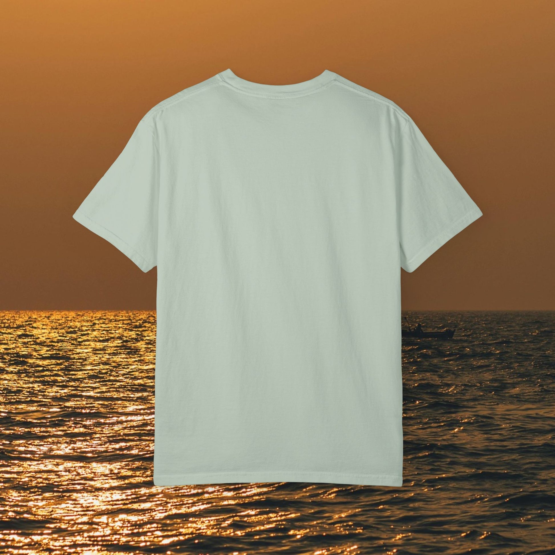 Back view of the Bay Bound T-Shirt for Summer, showcasing a soft cotton fabric in a serene sunset setting, ideal for outdoor activities.