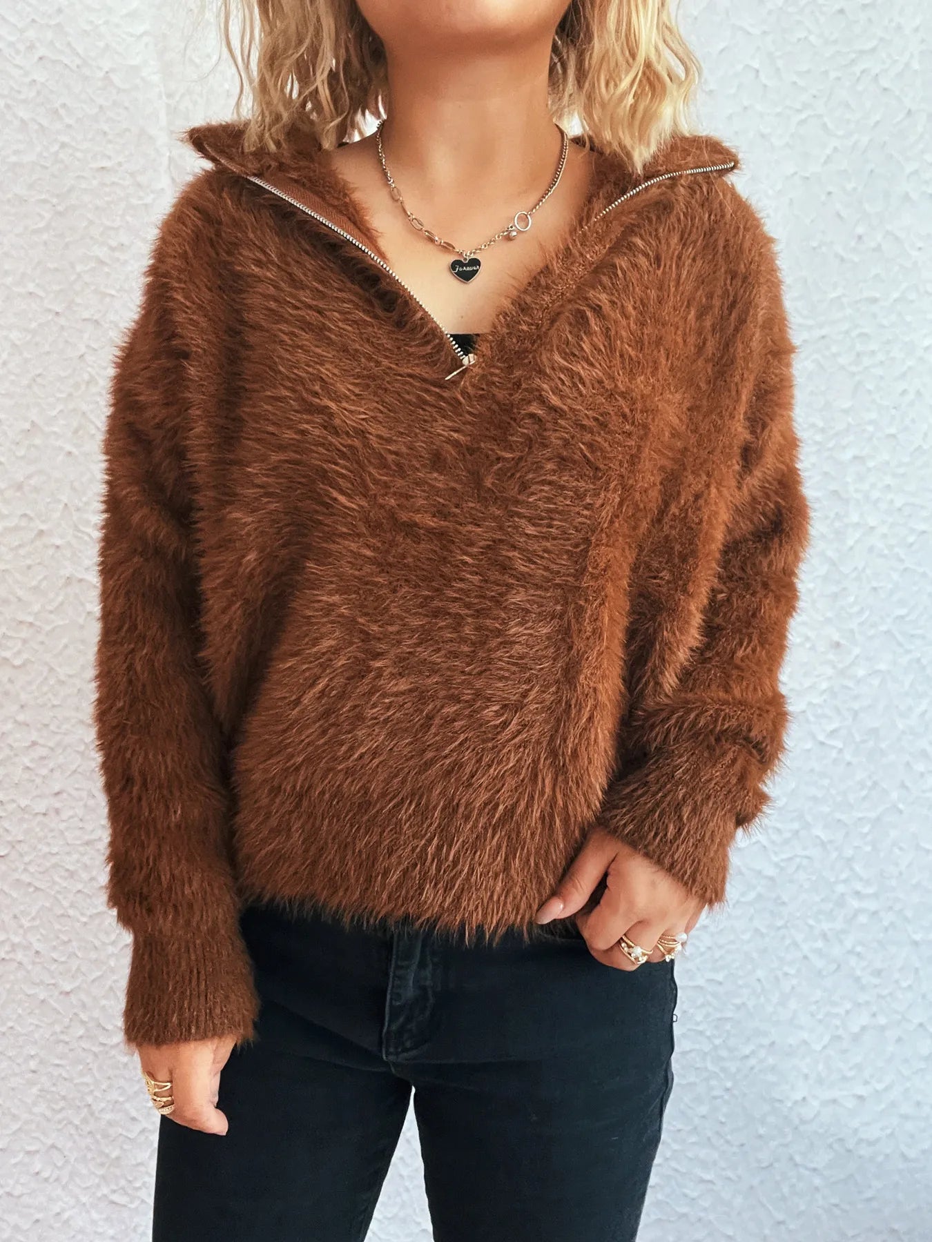 Front view of Cozy Fuzzy Half-Zip Sweater for Women in warm brown shade, showcasing its soft, fluffy composition and stylish zip neckline, perfect for cozy, casual wear.
