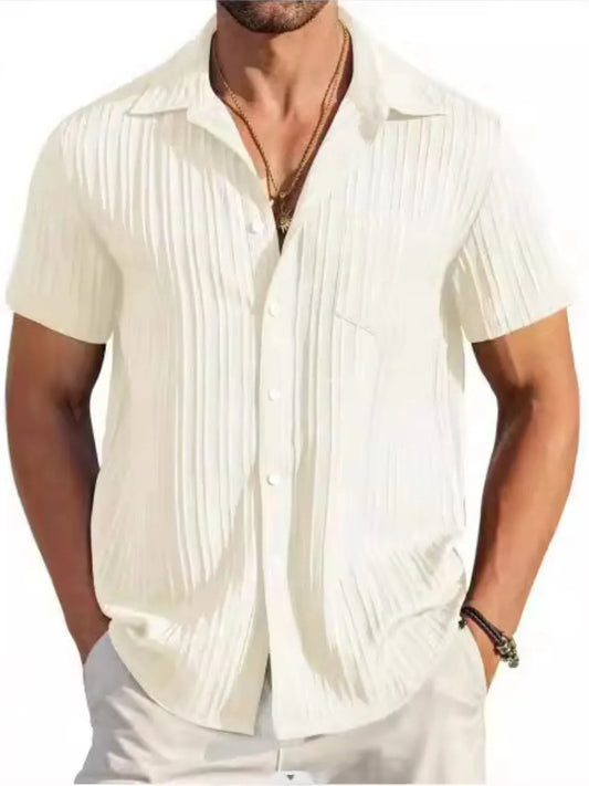 Men's Plus Size Short Sleeve Button-Up Shirt in white, featuring a ribbed texture and stylish design, ideal for comfort and versatility.