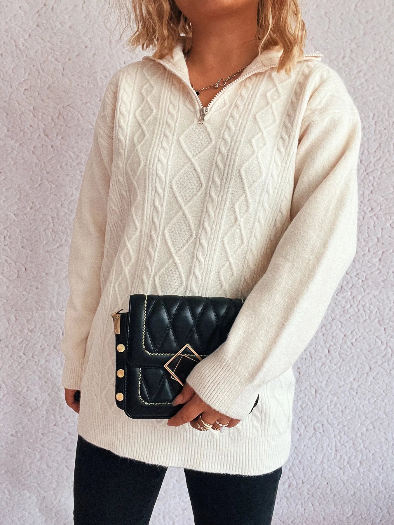 Elegant Cozy Cable-Knit Texture Zip Collar Long Sleeve Sweater in white, showcasing a classic cable-knit pattern and a fashionable zip collar for a chic winter outfit.