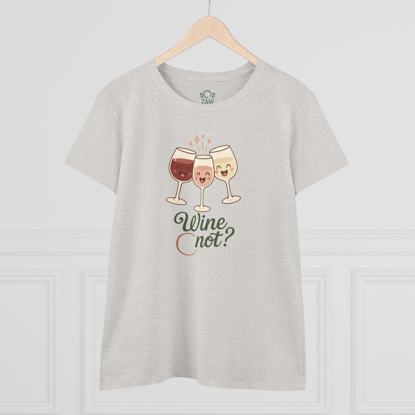Wine Not Tee in a light gray color, featuring charming cartoon wine glasses on the front.