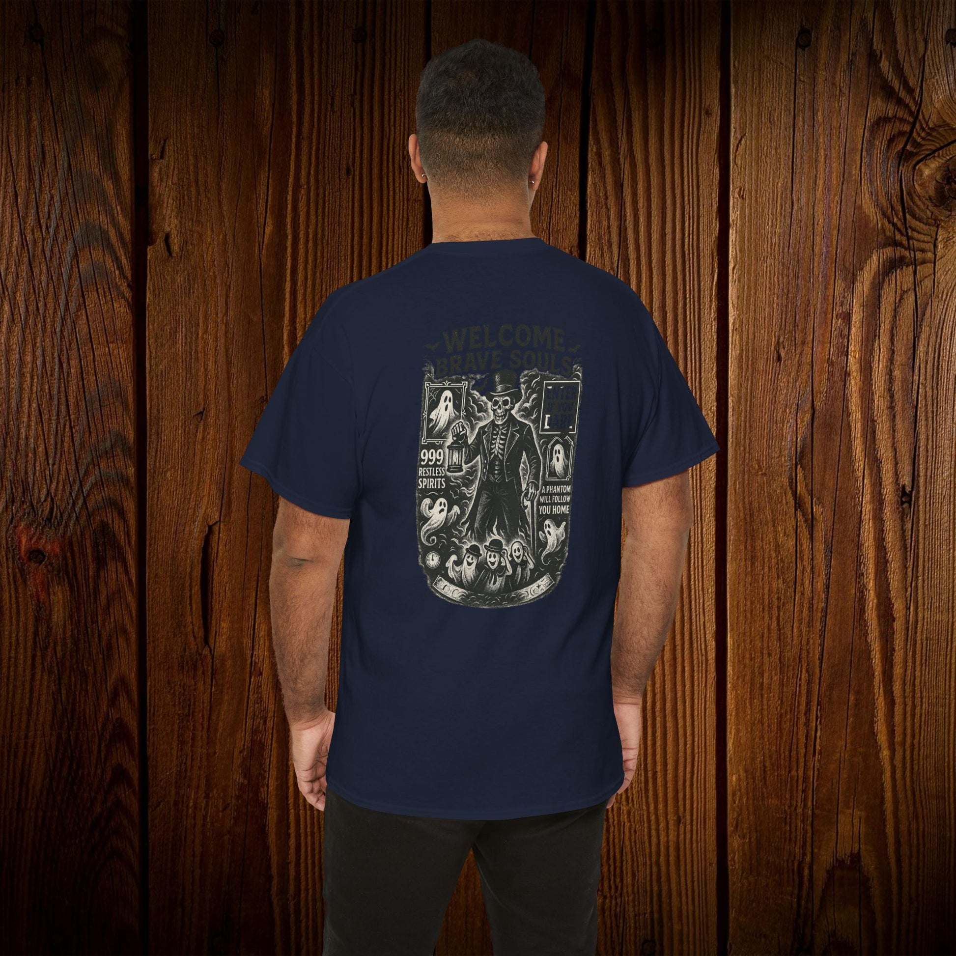 Spooky Halloween Graphic Tee - Unisex Cotton Shirt showcasing a striking design on the back that reads 'Welcome Brave Souls', ideal for Halloween events.