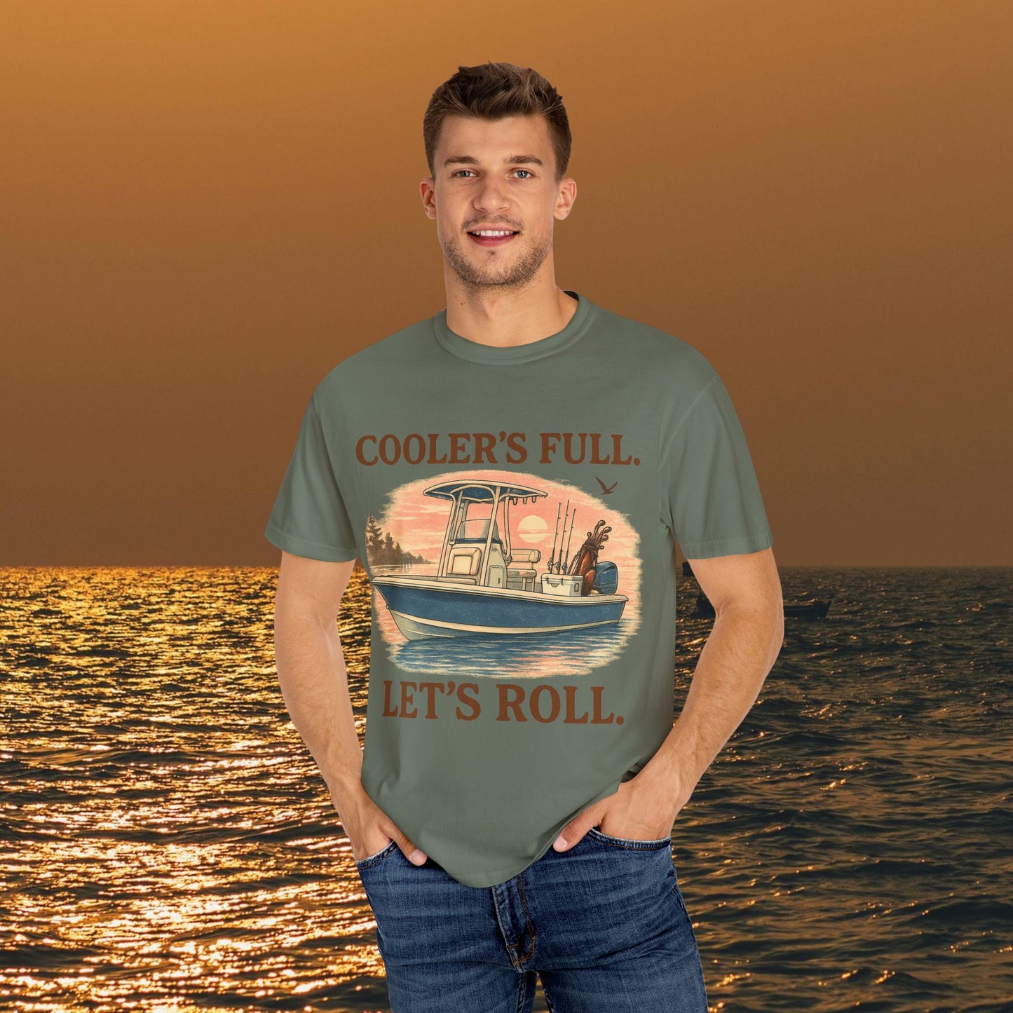 Men's & Women's Durable Cotton Full Tee - Soft, Seamless, Worn by a model with 'Cooler's Full. Let's Roll.' design during sunset.
