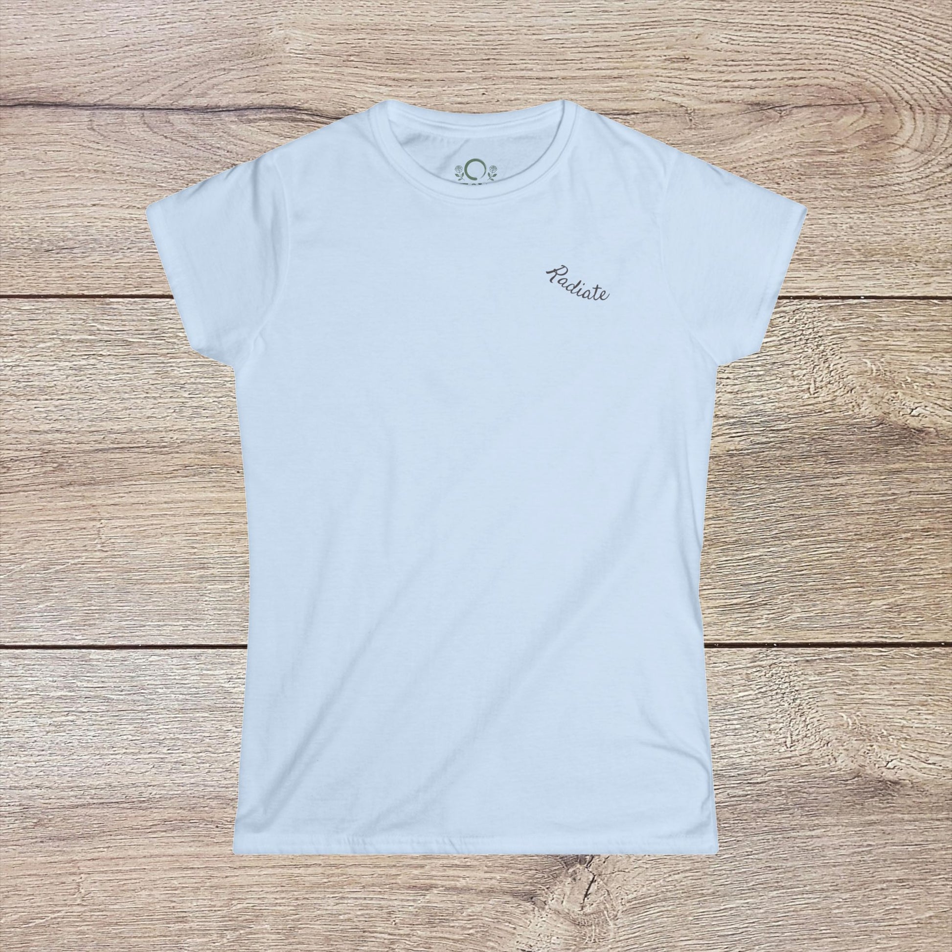 Eco-Friendly Align Tee in soft blue with 'Radiate' embroidery, combining style and eco-conscious materials.