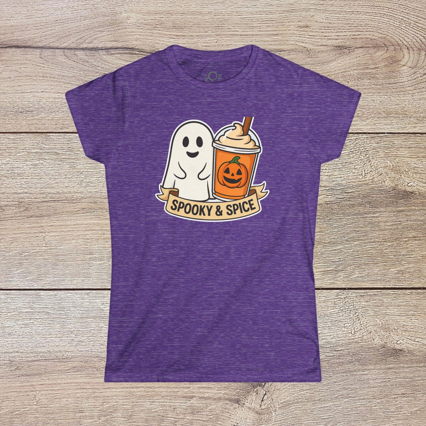 Spooky And Spice Ghost Graphic Tee in purple color featuring a cute ghost and pumpkin spice drink design, perfect for seasonal wear.
