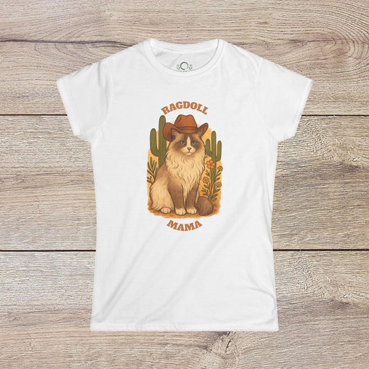 Ragdoll Mama T-Shirt in white featuring a stylish illustration of a Ragdoll cat wearing a cowboy hat, perfect for cat lovers and pet-themed apparel.