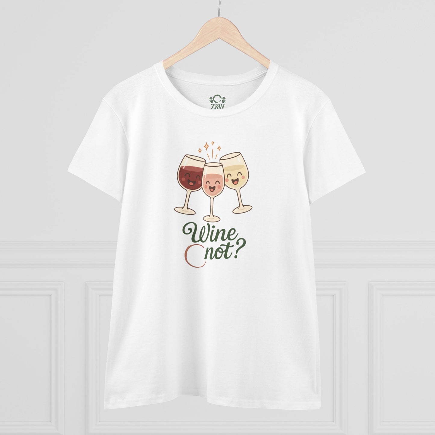 Wine Not Tee featuring cute cartoon glasses of wine on a white background, perfect for casual wear.