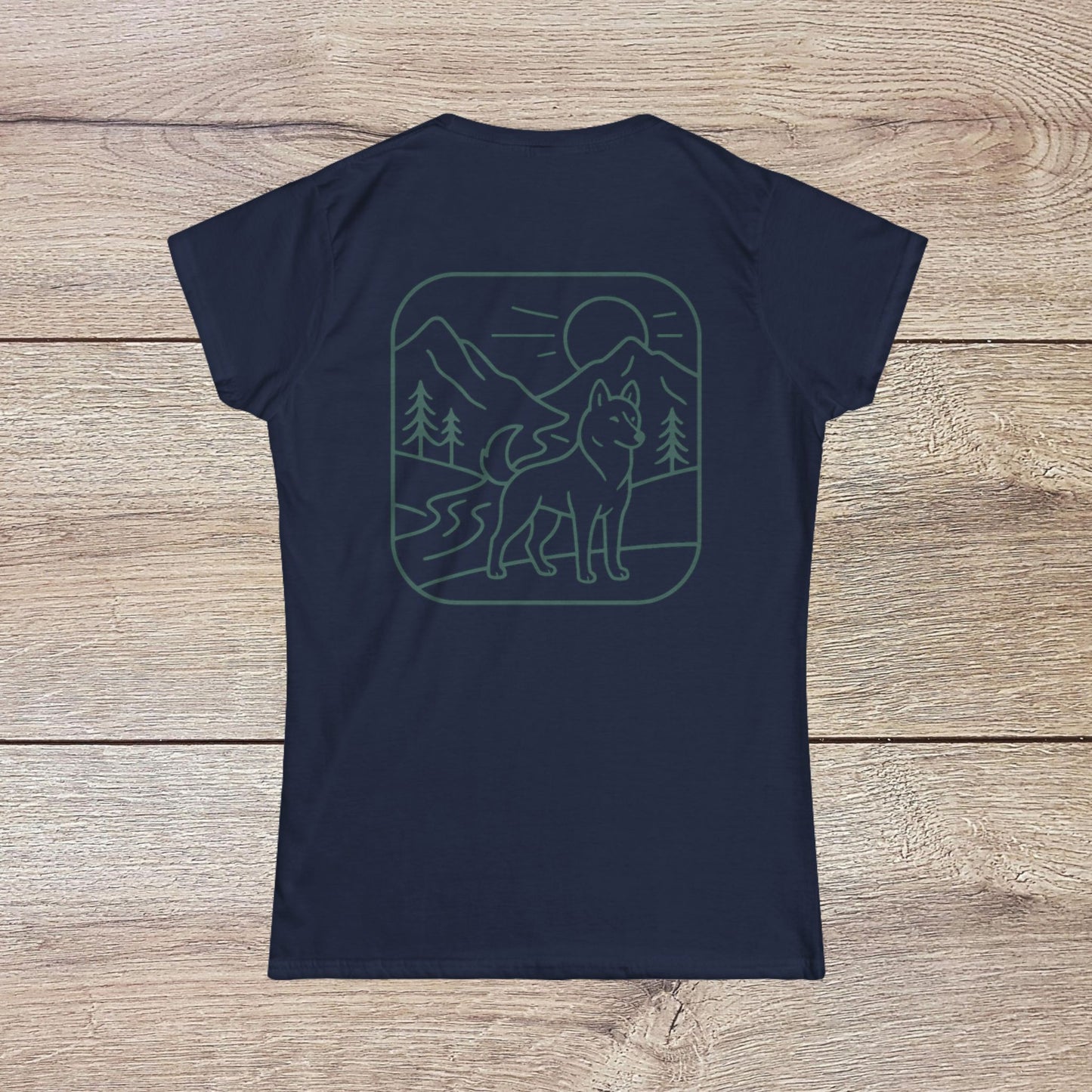 Eco-Friendly Dog T-Shirt - Adventure Spirit in navy blue showcasing a back view with a mountain scene and dog silhouette.