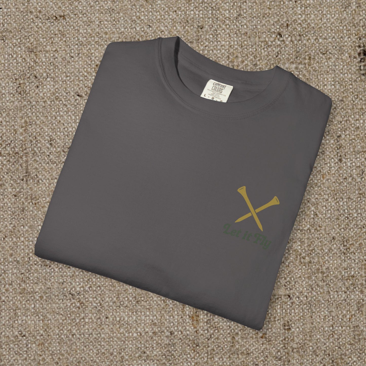 Folded Tee It High Let It Fly Graphic Tee in charcoal, highlighting a stylish logo; great for versatile casual outfits.
