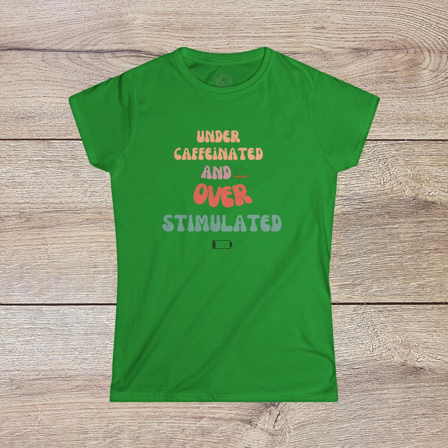 Under-Caffeinated Over-Stimulated Hoodie in vibrant green color with playful text design, featuring a spacious kangaroo pouch and adjustable drawstring.
