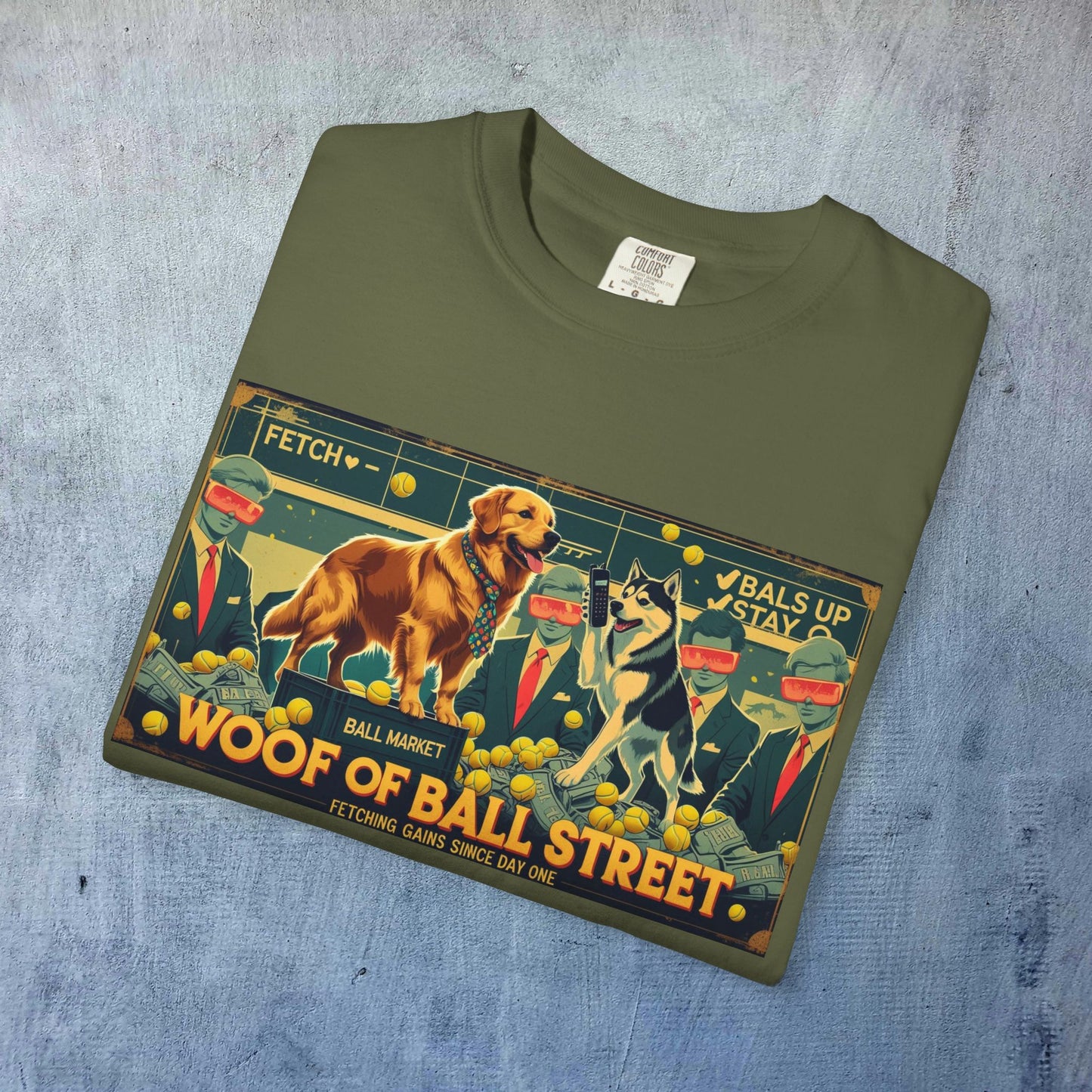 Front view of the Sleek Woof of Ball Street T-Shirt in olive green, featuring a creative graphic design of dogs and playful characters, ideal for casual wear.
