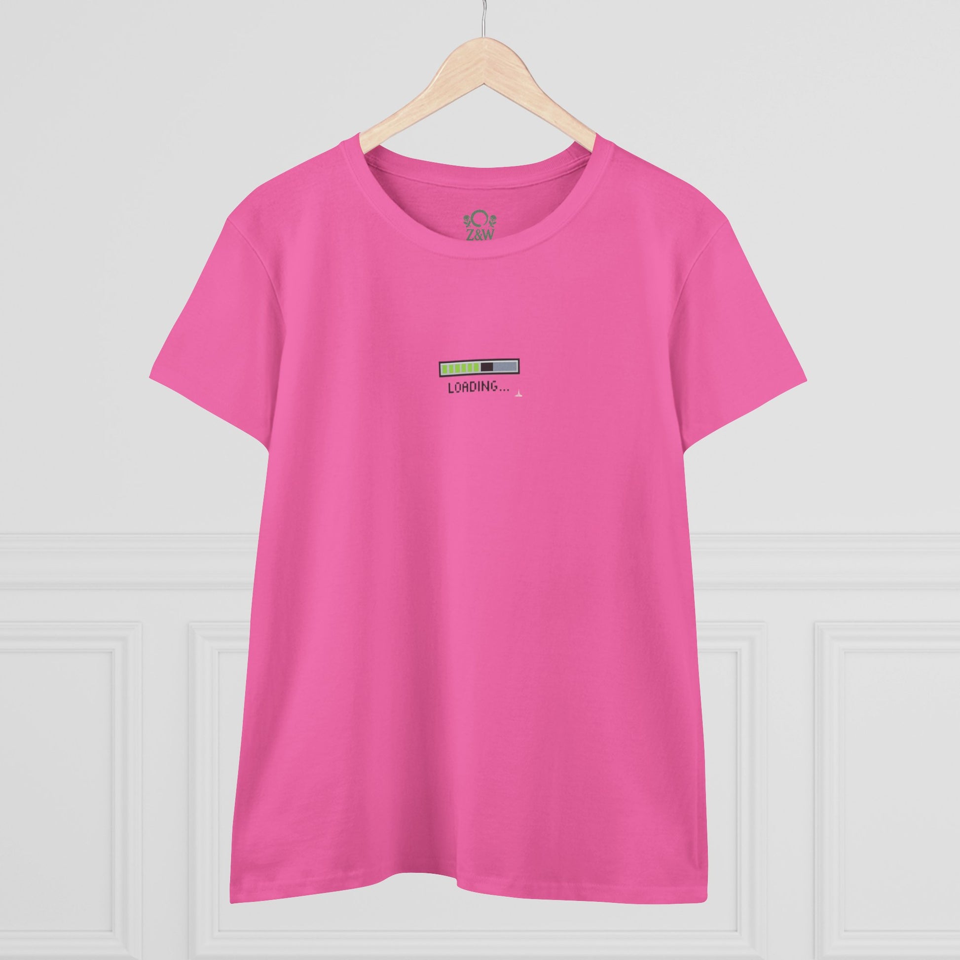 404 Y2K Graphic T-Shirt in vibrant pink with a playful 'loading' graphic, designed for a relaxed fit and constructed from soft spun fibers for ultimate comfort.