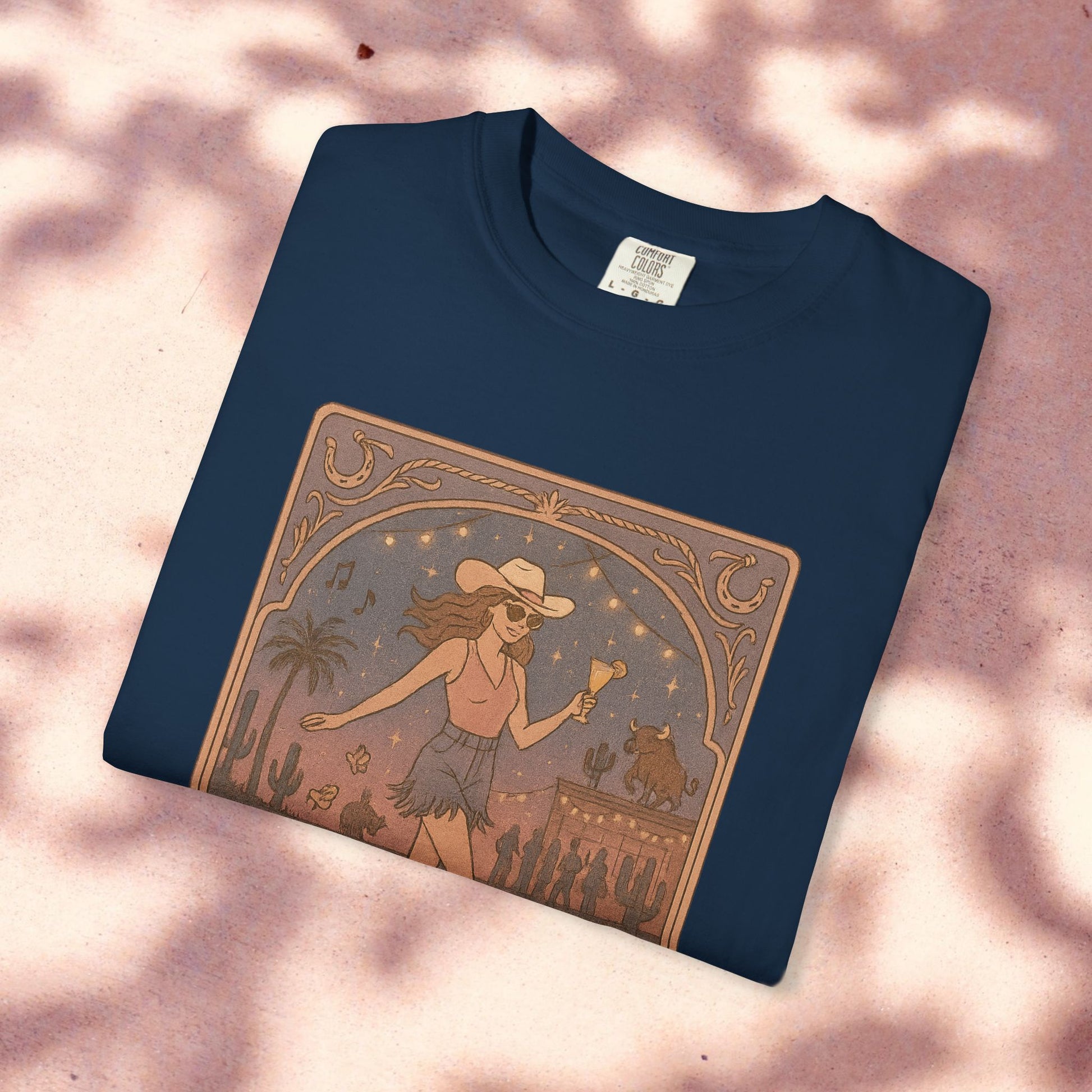 Line Dancer Tarot Tee in a deep navy blue, featuring a unique graphic of a dancing woman in a cowboy hat. Made from soft cotton, this tee is available in sizes S-4XL and is ethically produced for sustainable fashion.