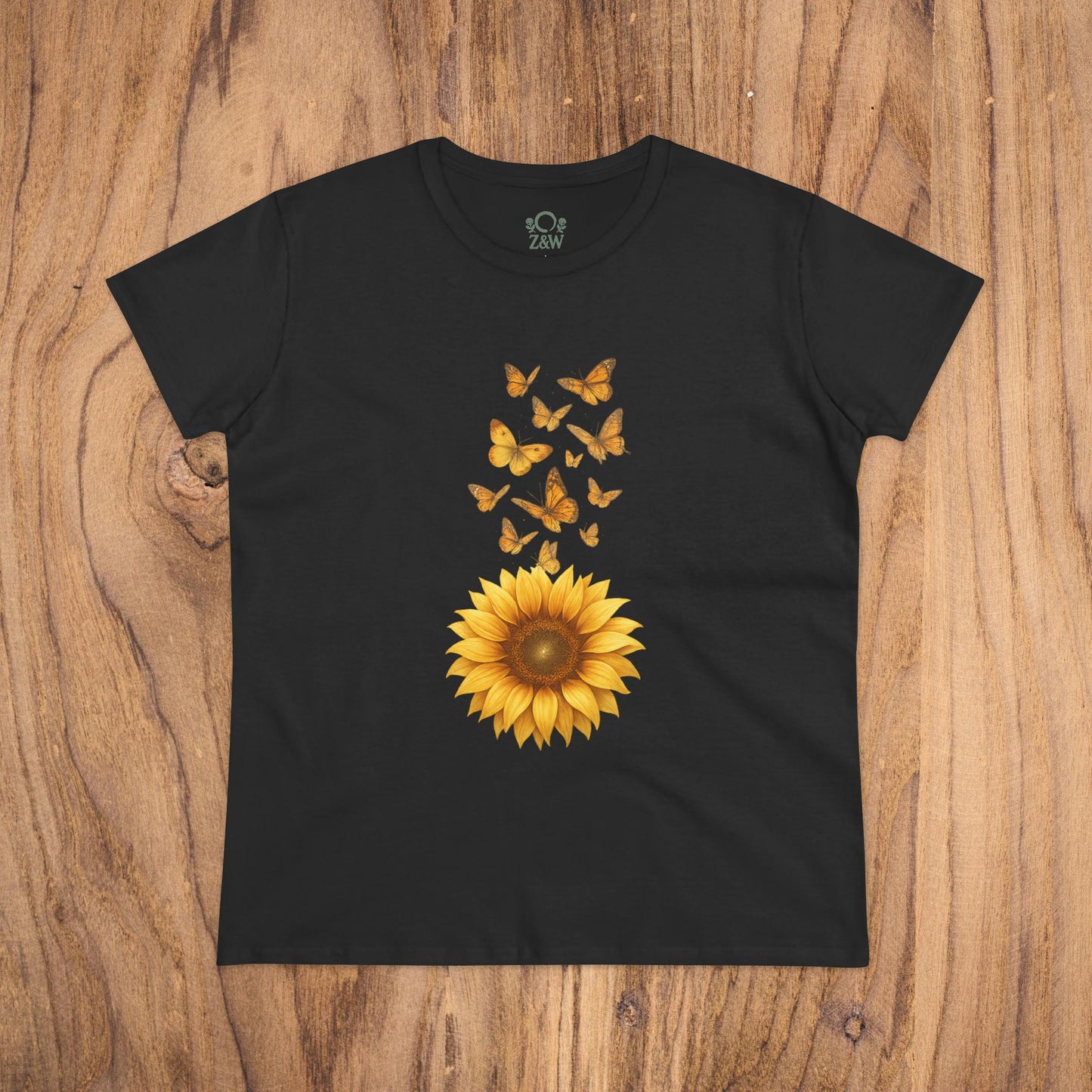 Sunflower & Butterflies Cotton Tee for Women - Stylish cotton tee in black adorned with a colorful sunflower and butterflies print, ideal for a trendy summer look.