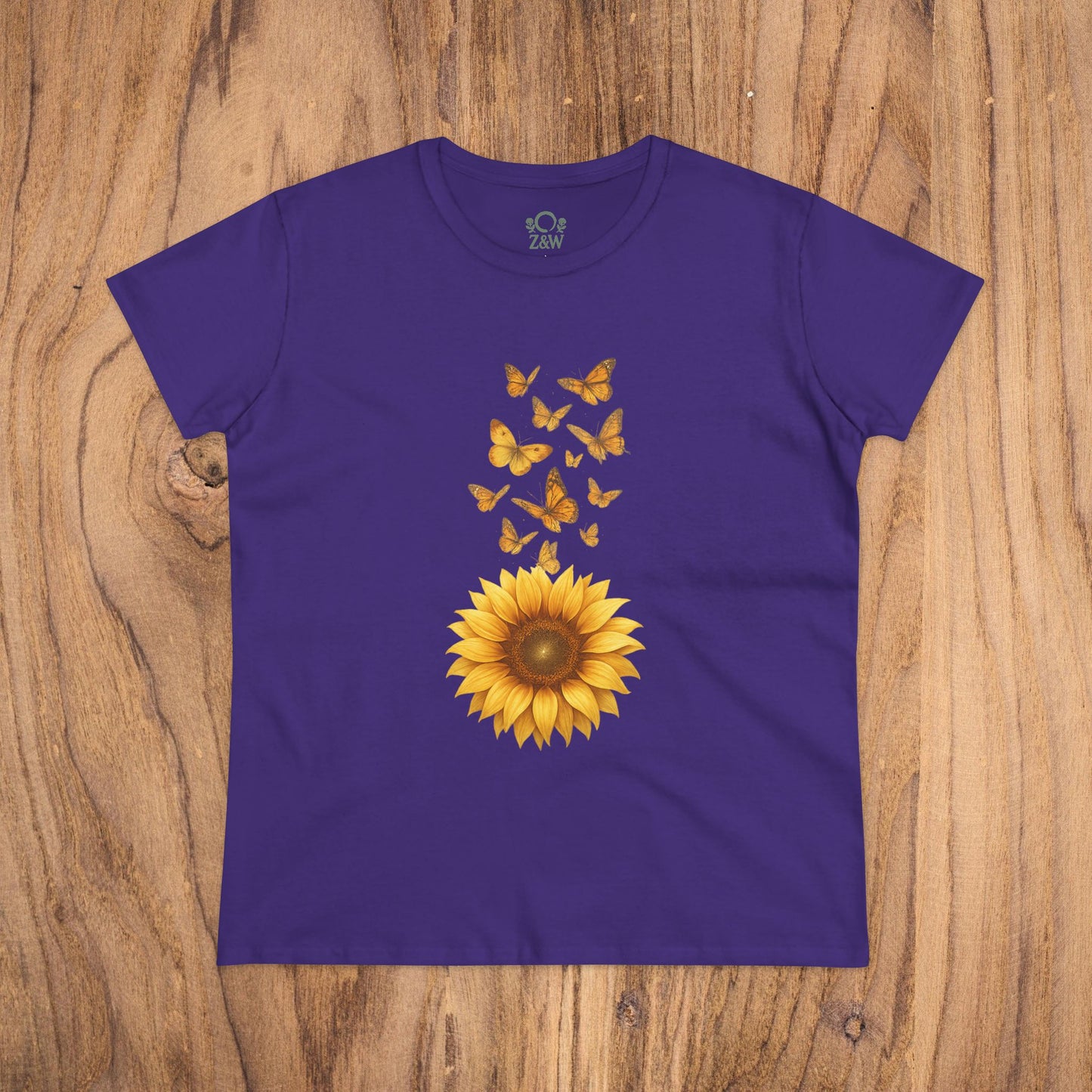 Sunflower & Butterflies Cotton Tee for Women - Eye-catching purple cotton tee showcasing a sunflower and butterfly design, great for casual outings.