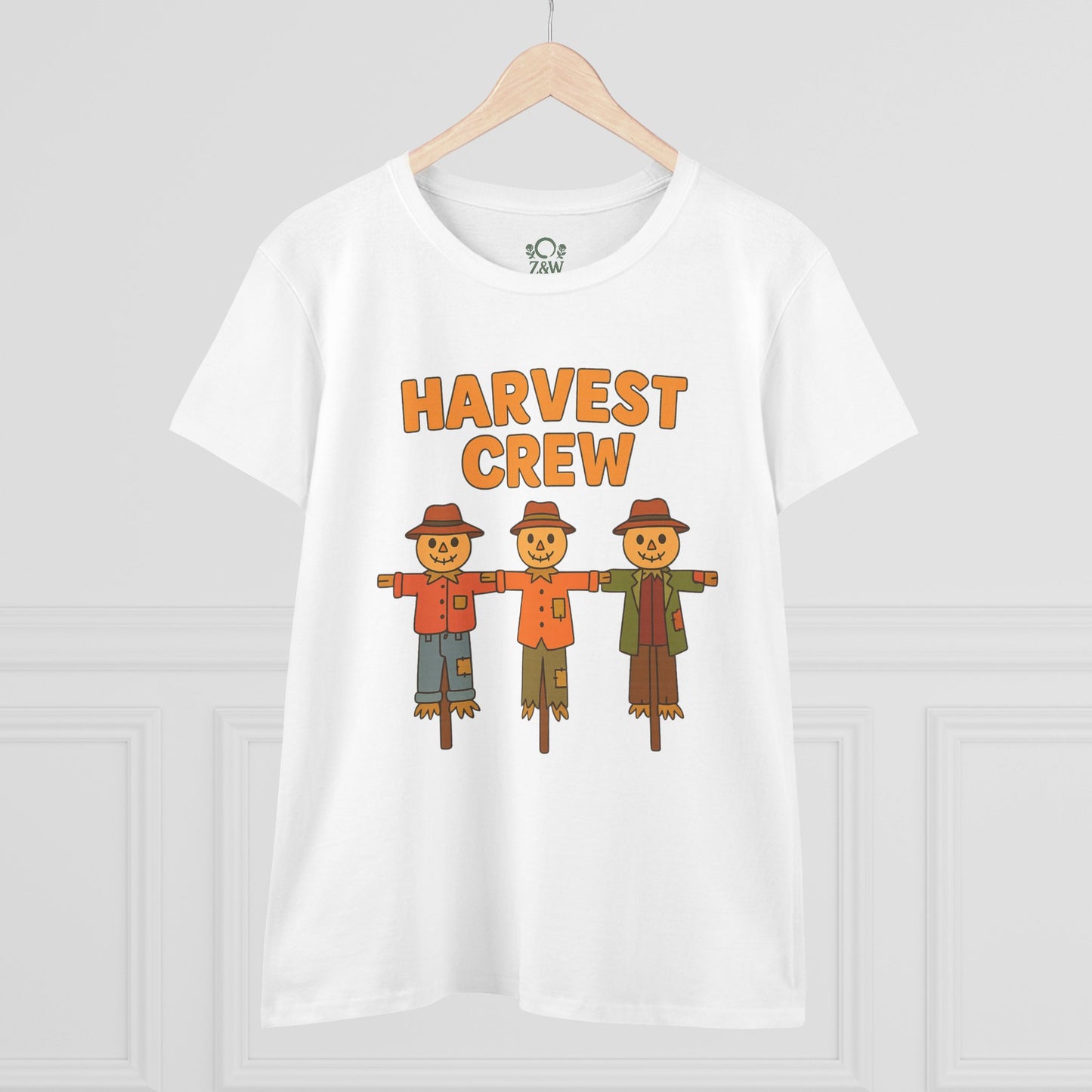 Front view of a white Harvest Crew Halloween T-Shirt with a playful scarecrow design, crafted from soft 100% ring-spun cotton and features a classic fit.