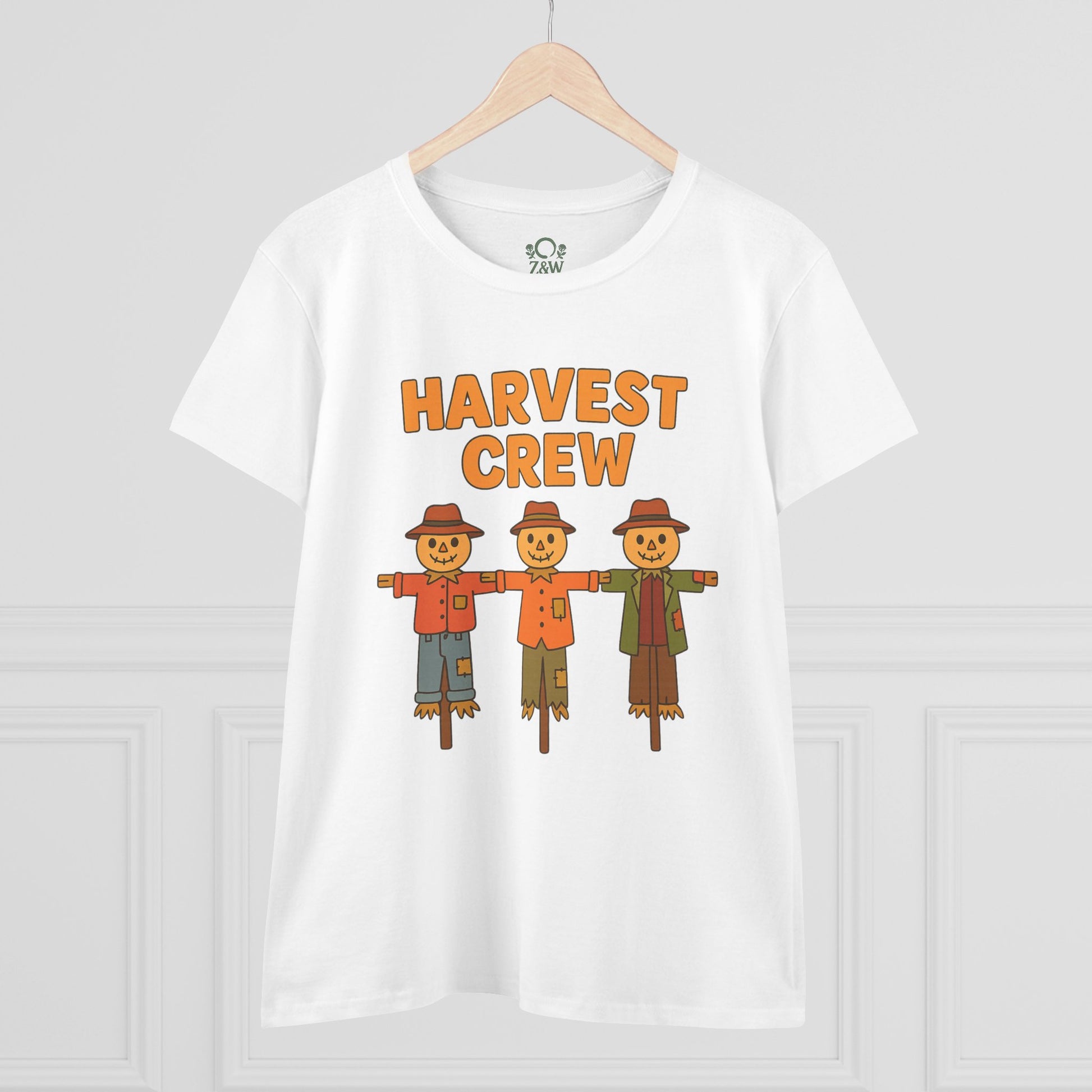 Front view of a white Harvest Crew Halloween T-Shirt with a playful scarecrow design, crafted from soft 100% ring-spun cotton and features a classic fit.