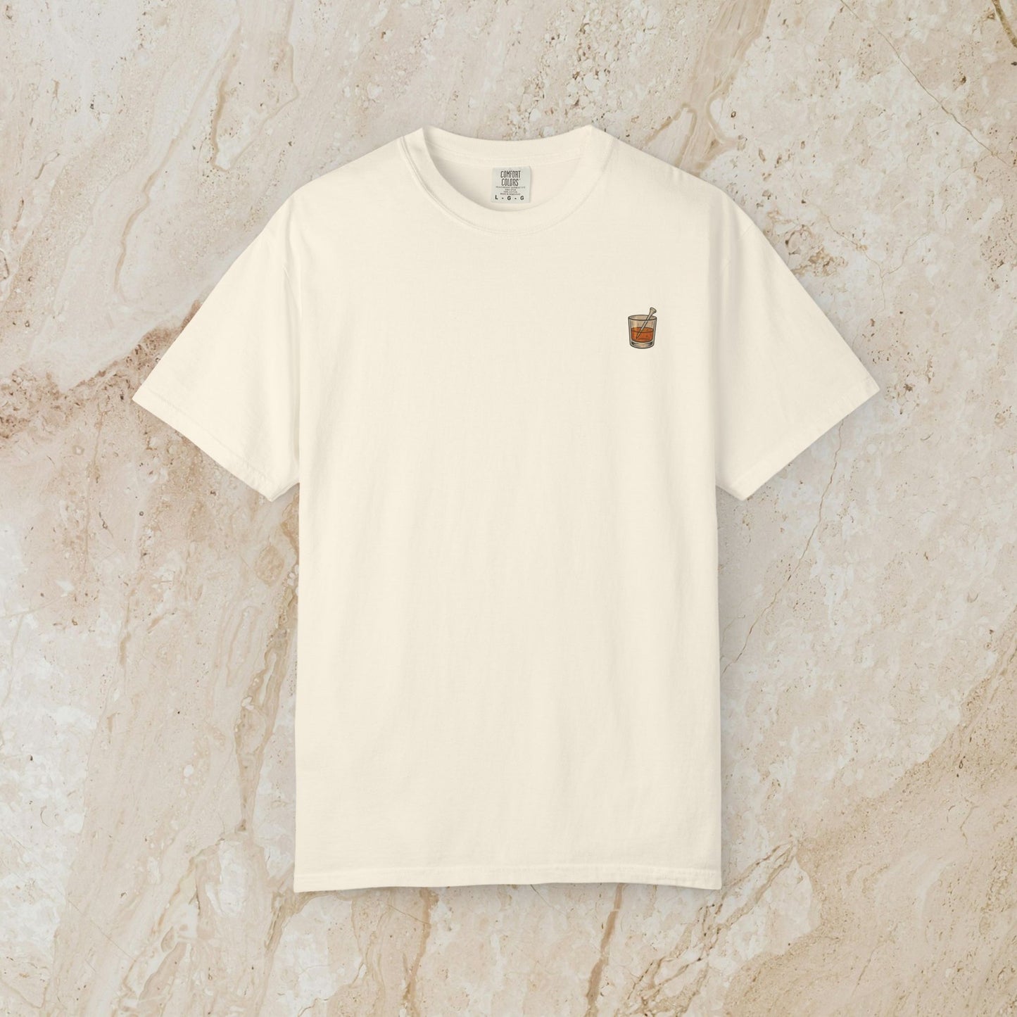 Golden Whiskey Dog Tee in off-white color, showcasing a unique vintage style, made of 100% cotton, with a relaxed fit and a left chest pocket.