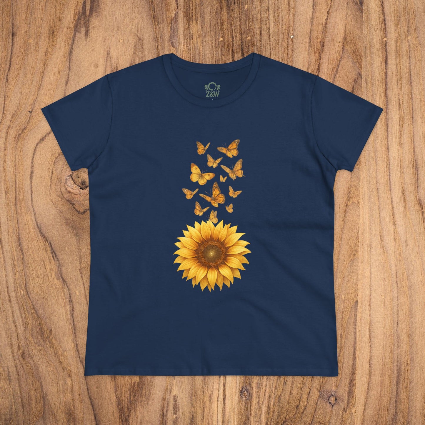 Sunflower & Butterflies Cotton Tee for Women - Elegant navy cotton tee with a beautiful sunflower and butterflies graphic, perfect for adding charm to your outfit.