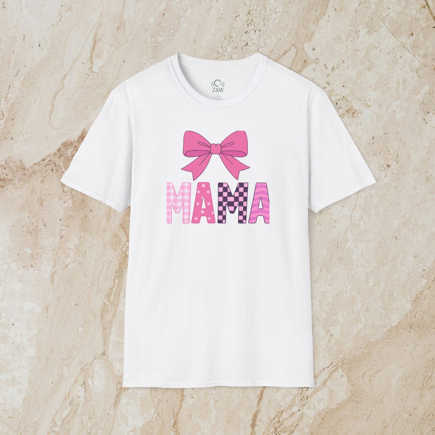 Mama Bow Tee - Seamless 100% Cotton T-Shirt in classic white adorned with a delightful bow and eye-catching 'MAMA' text, a must-have for trendy moms.