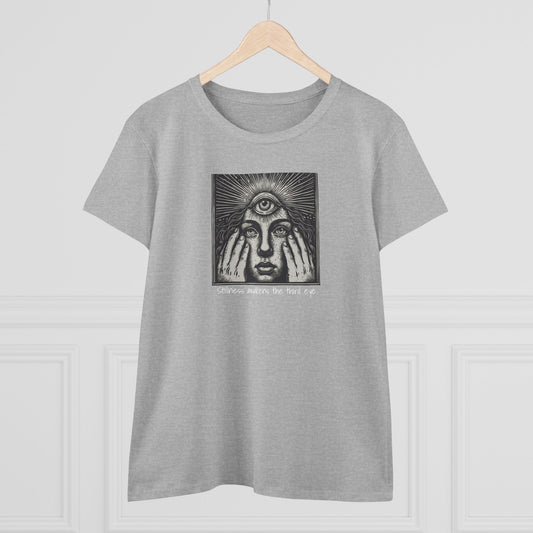 Stylish Third Eye Graphic Tee in gray color, featuring a unique design with a third eye and expressive face. Made from 100% cotton, cropped fit, offering durability and comfort.