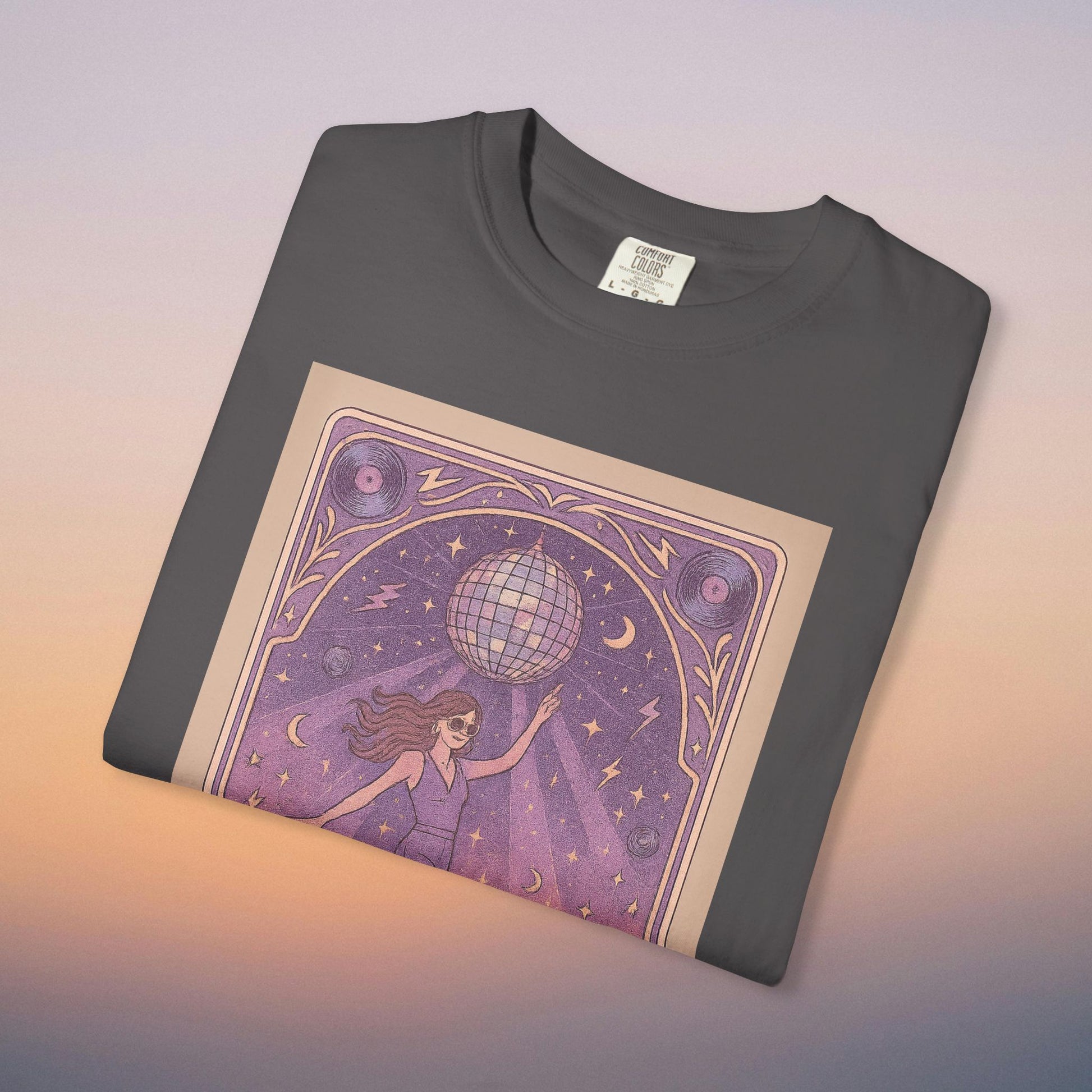 Groove Tarot Graphic Tee in dark gray, highlighting a vibrant tarot-themed illustration with a disco ball, ideal for lovers of unique graphic shirts.
