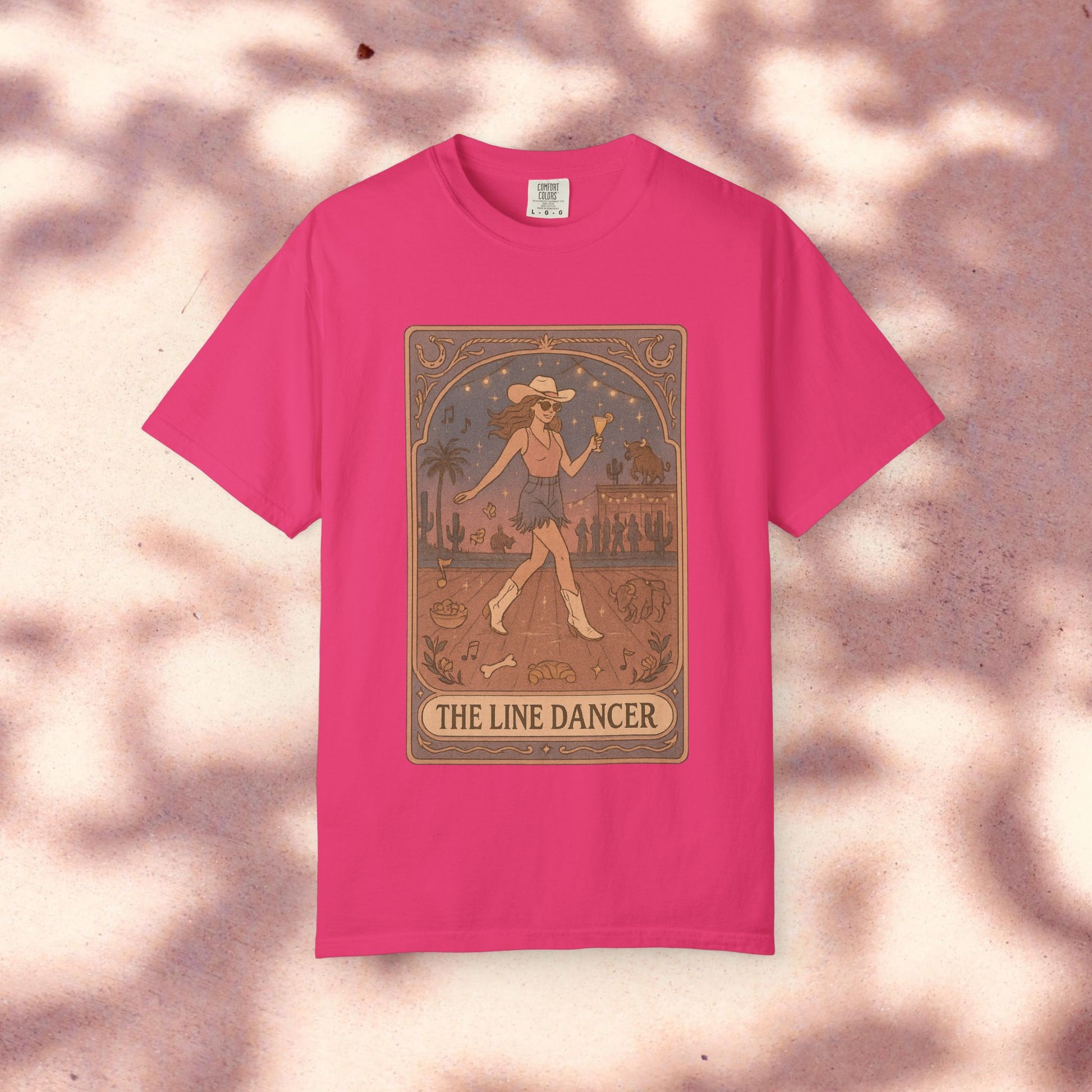Line Dancer Tarot Tee in vibrant pink, showcasing a unique line dancer graphic, ideal for a stylish outfit.