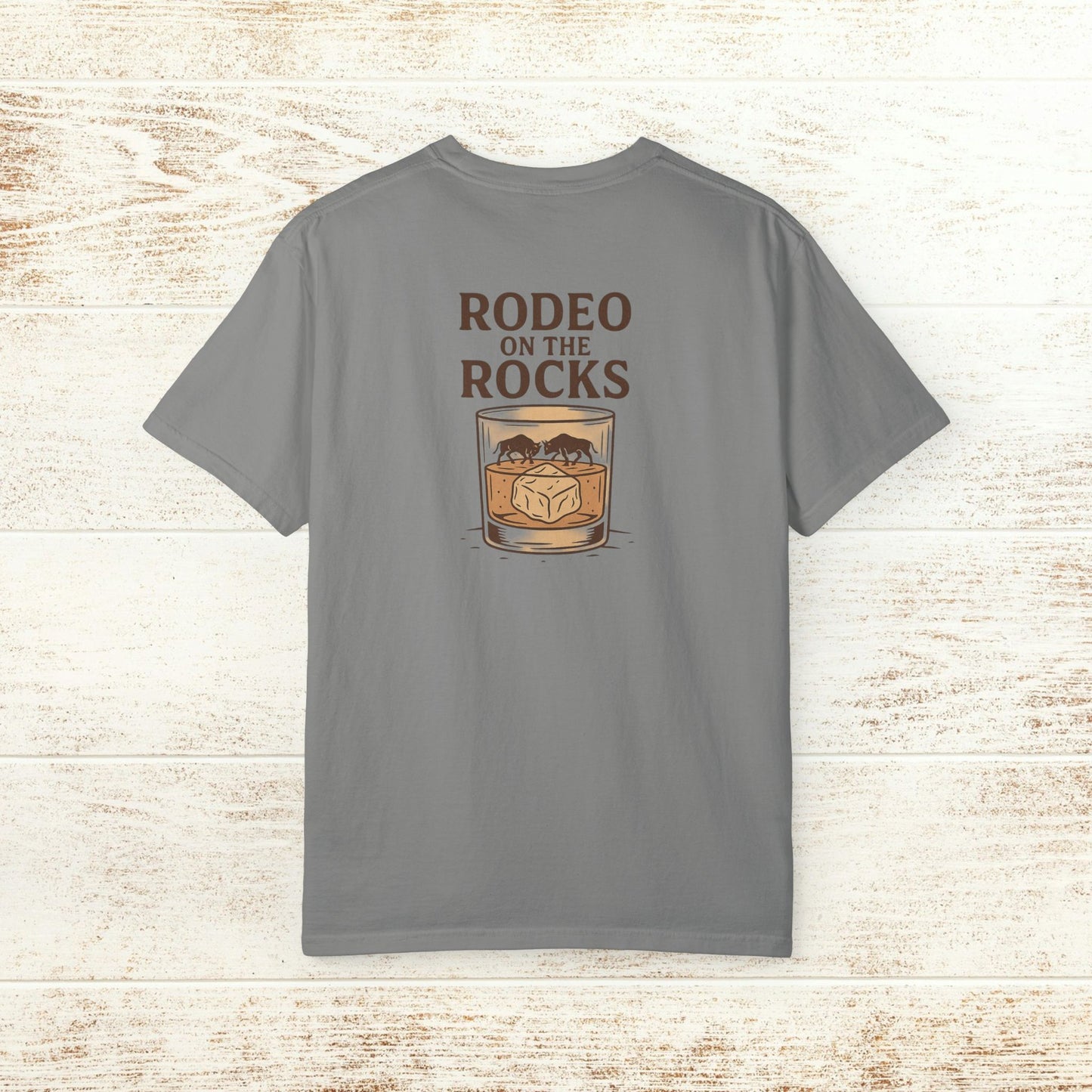 Rodeo On The Rocks Tee in gray, highlighting a fun back graphic of a drink with ice; designed with durability and comfort in mind.