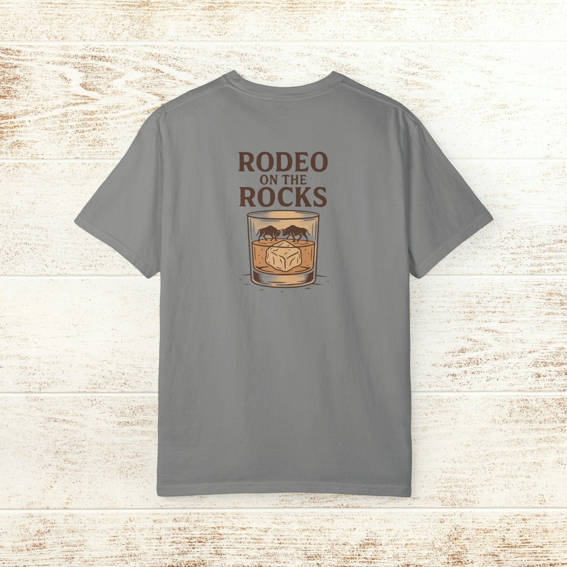 Rodeo On The Rocks Tee in gray, highlighting a fun back graphic of a drink with ice; designed with durability and comfort in mind.