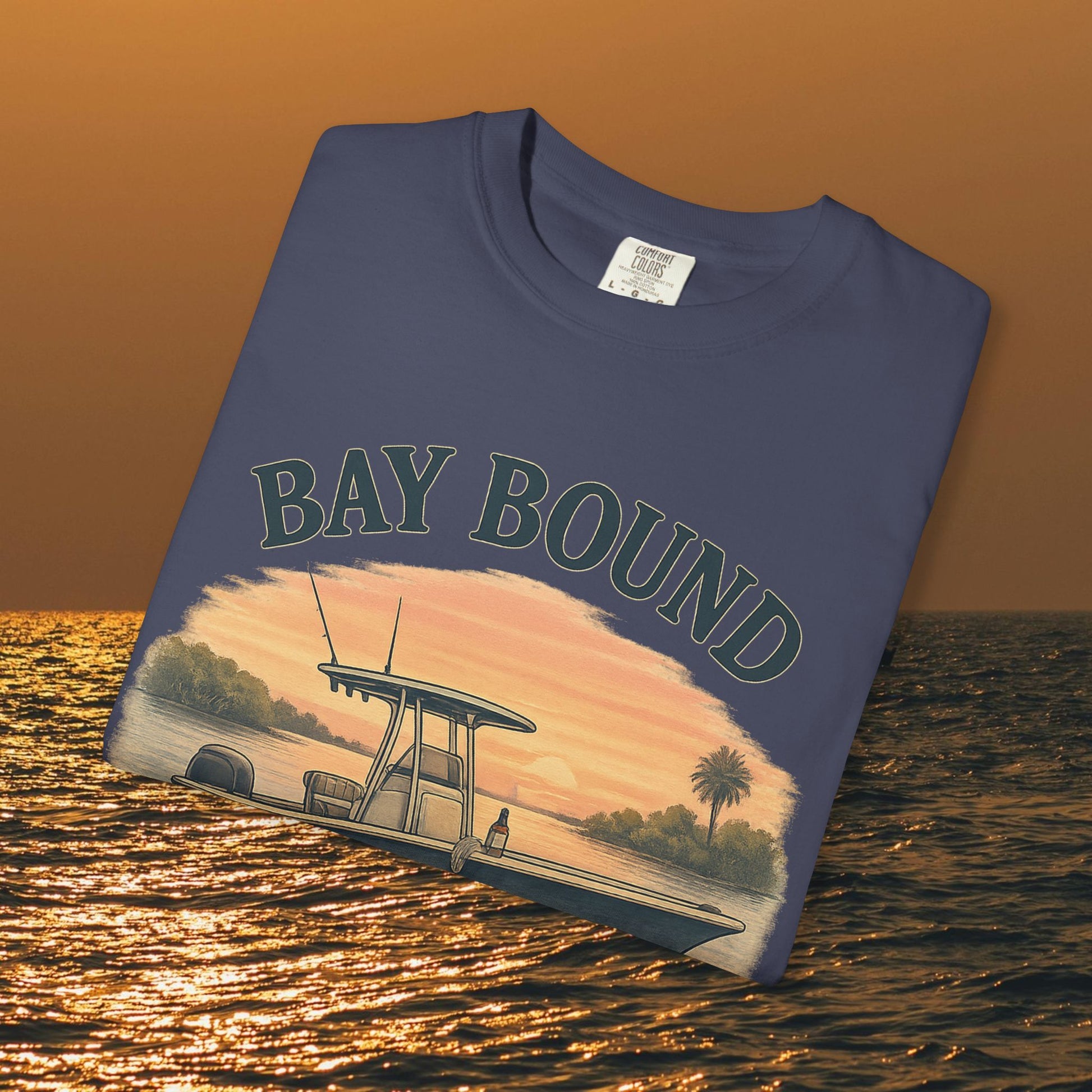 Front view of Bay Bound boating t-shirt for summer with a sunset boat graphic, perfect for casual outdoor activities.