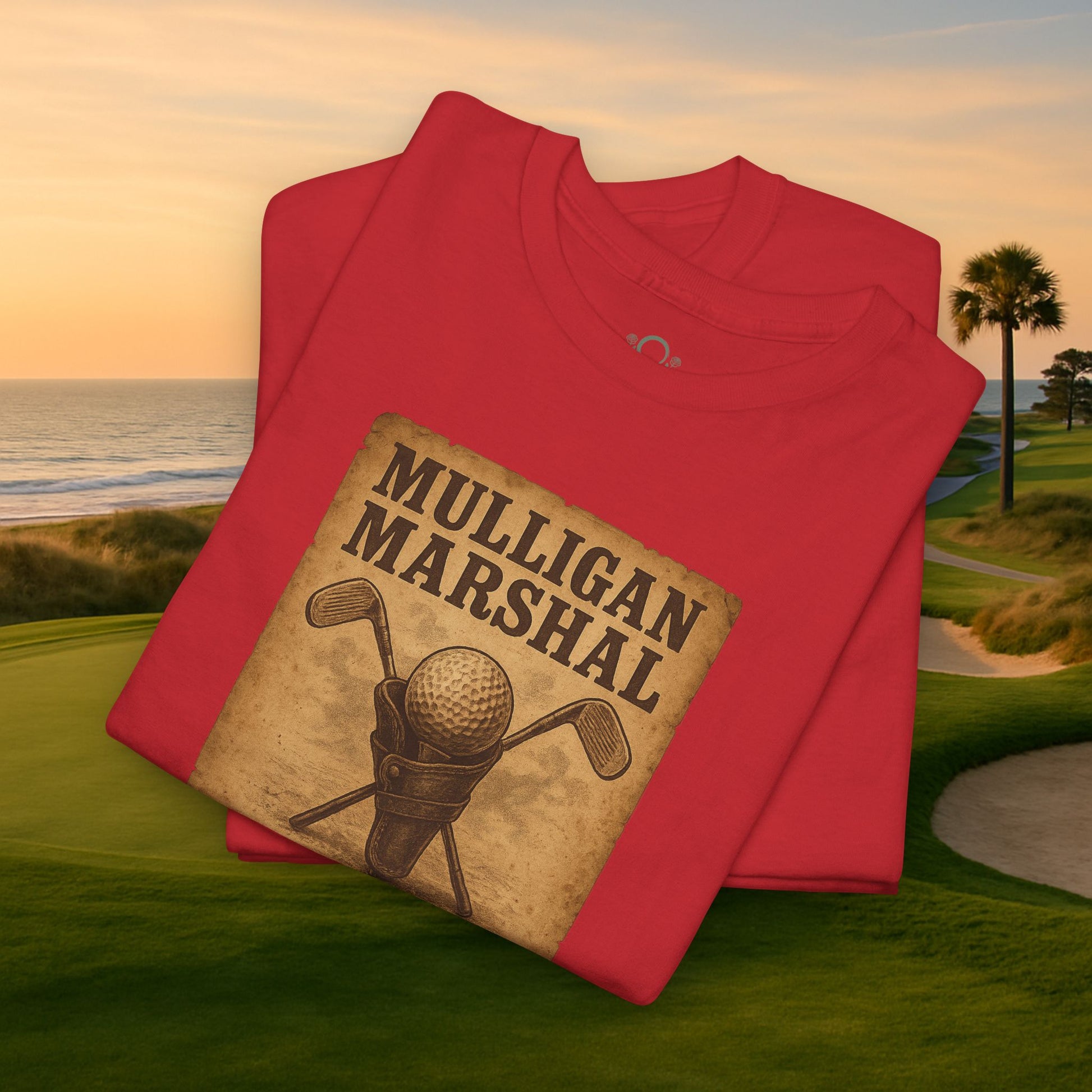 Funny Mulligan Marshal Wanted Golf Tee Shirt in bright red, a trendy choice for casual summer wear for golf lovers, highlighted by its amusing print.