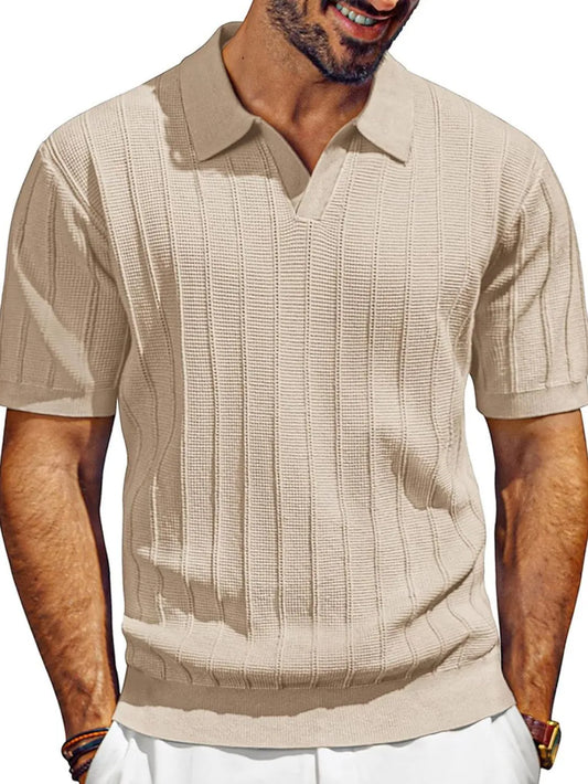 Men's Plus Size Short Sleeve Polo with Textured Collared Neck in beige - 100% Polyester, Slightly Stretchy, perfect for casual and semi-formal occasions.