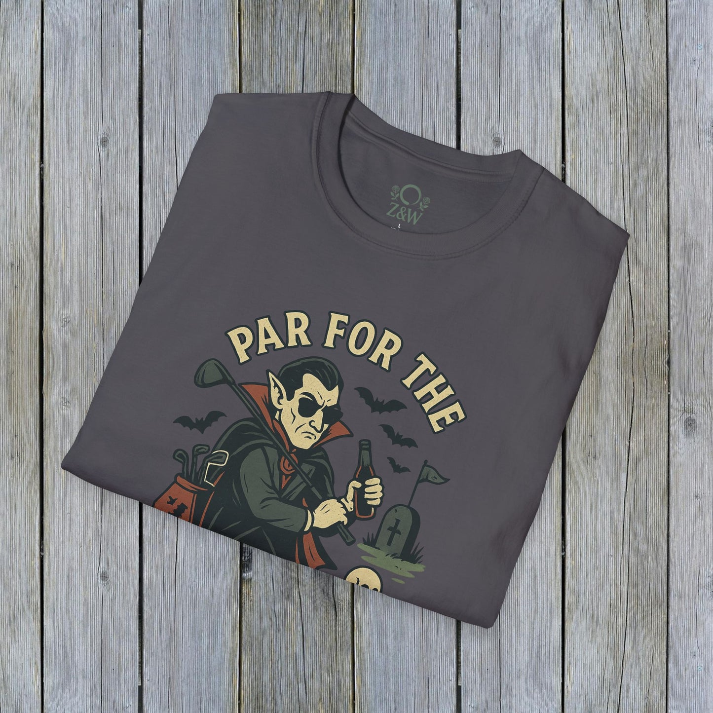 Dark gray Funny Halloween Unisex T-Shirt displaying the 'Par For The Curse' graphic, a great addition to your spooky wardrobe.