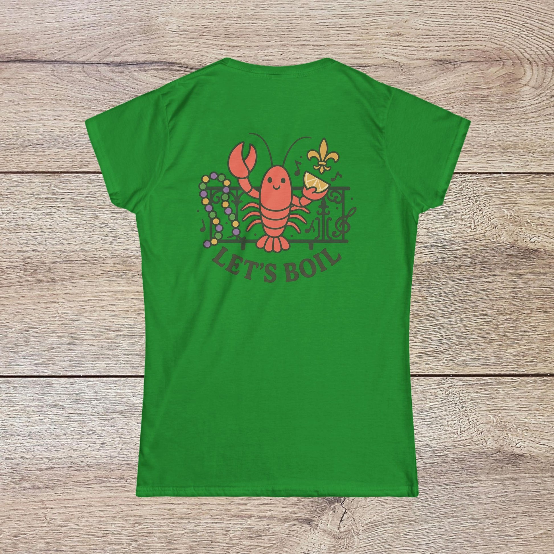 Crawfish Boil Shirt for Women - Back view of a green tee displaying a vibrant crawfish illustration with 'LET'S BOIL', perfect for fun summer events and celebrations.
