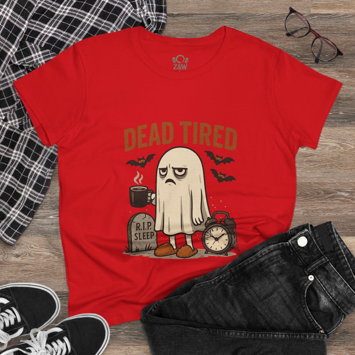 Trendy Cute Whimsical Ghost T-Shirt for Halloween in red, featuring a playful ghost illustration and 'DEAD TIRED' text, great for relaxed styling.