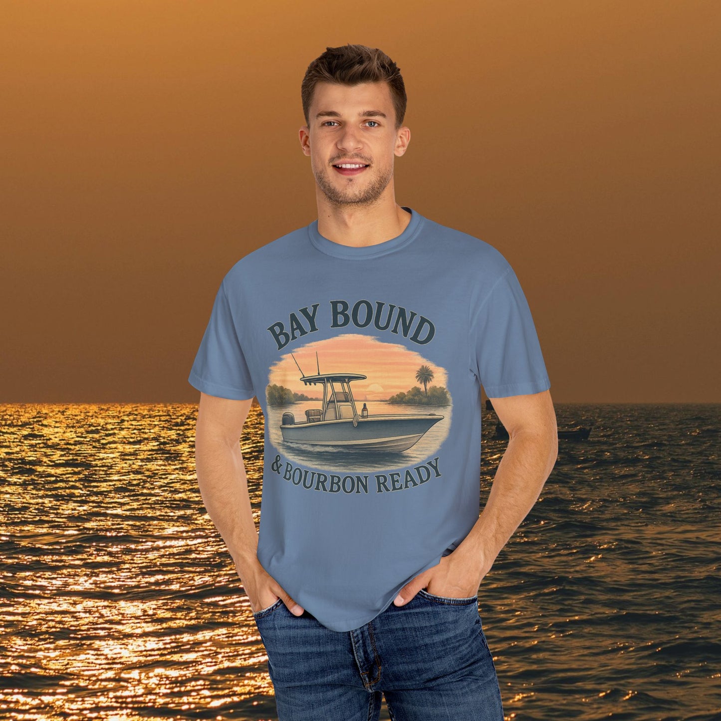 Male model in Boating T-Shirt For Summer with 'Bay Bound & Bourbon Ready' design, perfect for beach days and outdoor activities.