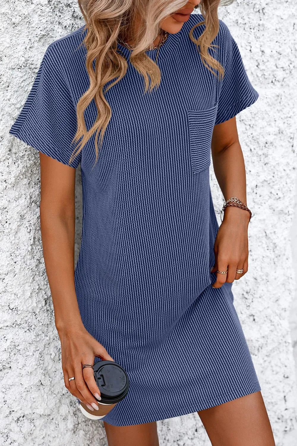 Mandy Ribbed Striped Mini Tee Dress with Pockets in blue, featuring short sleeves, a pocket, and made of opaque stretchy fabric, suited for casual wear.