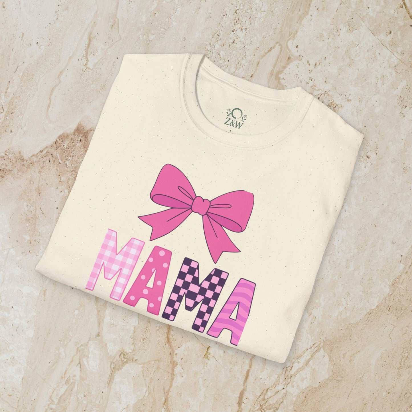 Mama Bow Tee - Seamless 100% Cotton T-Shirt in soft cream color with a cute bow and colorful 'MAMA' print, perfect for casual outings and family gatherings.