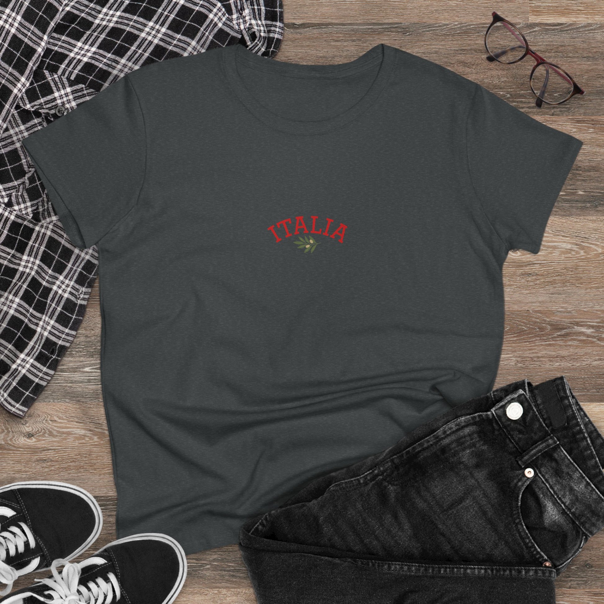 Casual layout of a Unisex Ultra Cotton Tee with Italian Heritage Design in charcoal gray, highlighting 'ITALIA' on the front, perfect for everyday adventures.