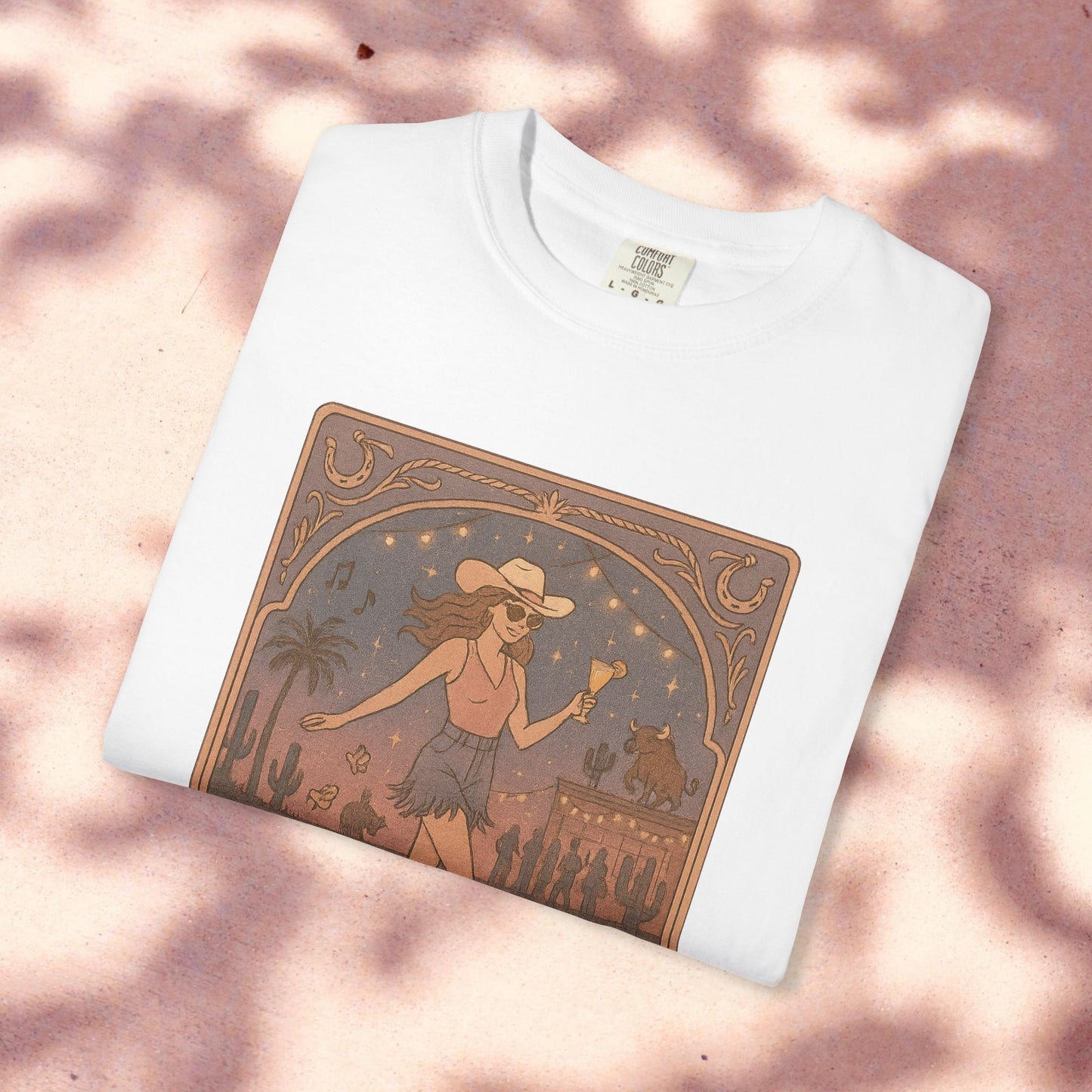 Line Dancer Tarot Tee in white color, showcasing a unique illustration of a dancing girl against desert elements, made from high-quality soft cotton and ethically made.