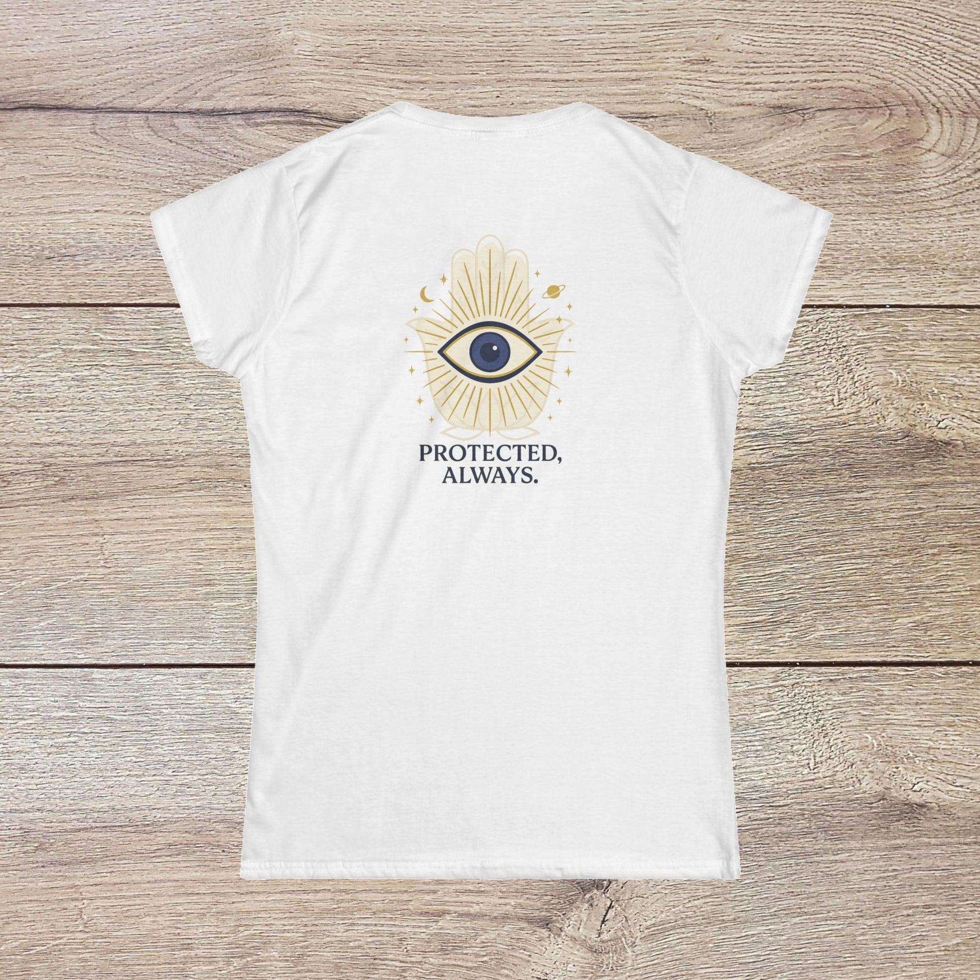 Back view of the Ladies' V-Neck T-Shirt featuring a striking graphic design with the phrase 'PROTECTED, ALWAYS' for a positive vibe.