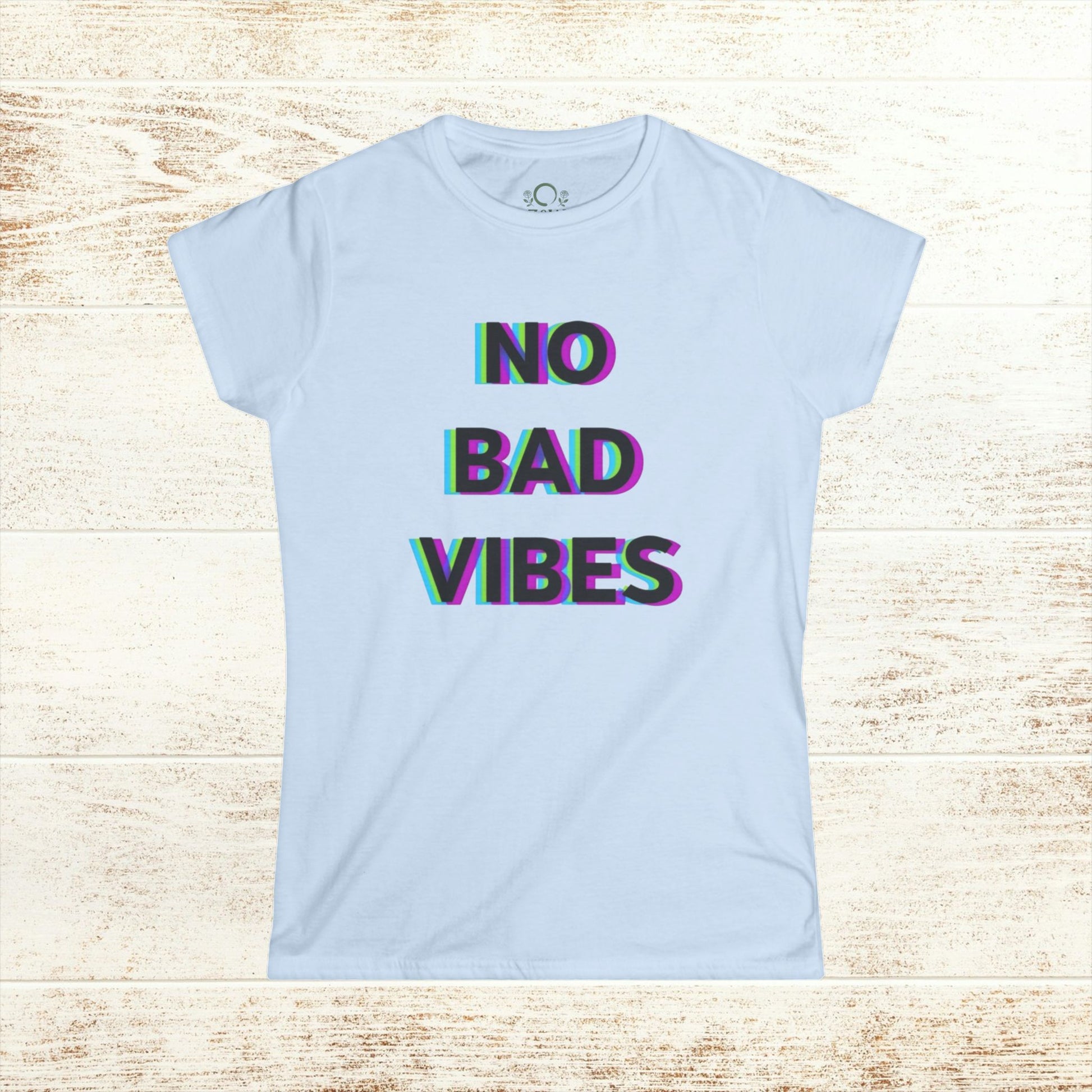 No Bad Vibes Tee in light blue color, made from soft ring-spun cotton and featuring a vibrant, positive message for casual wear.